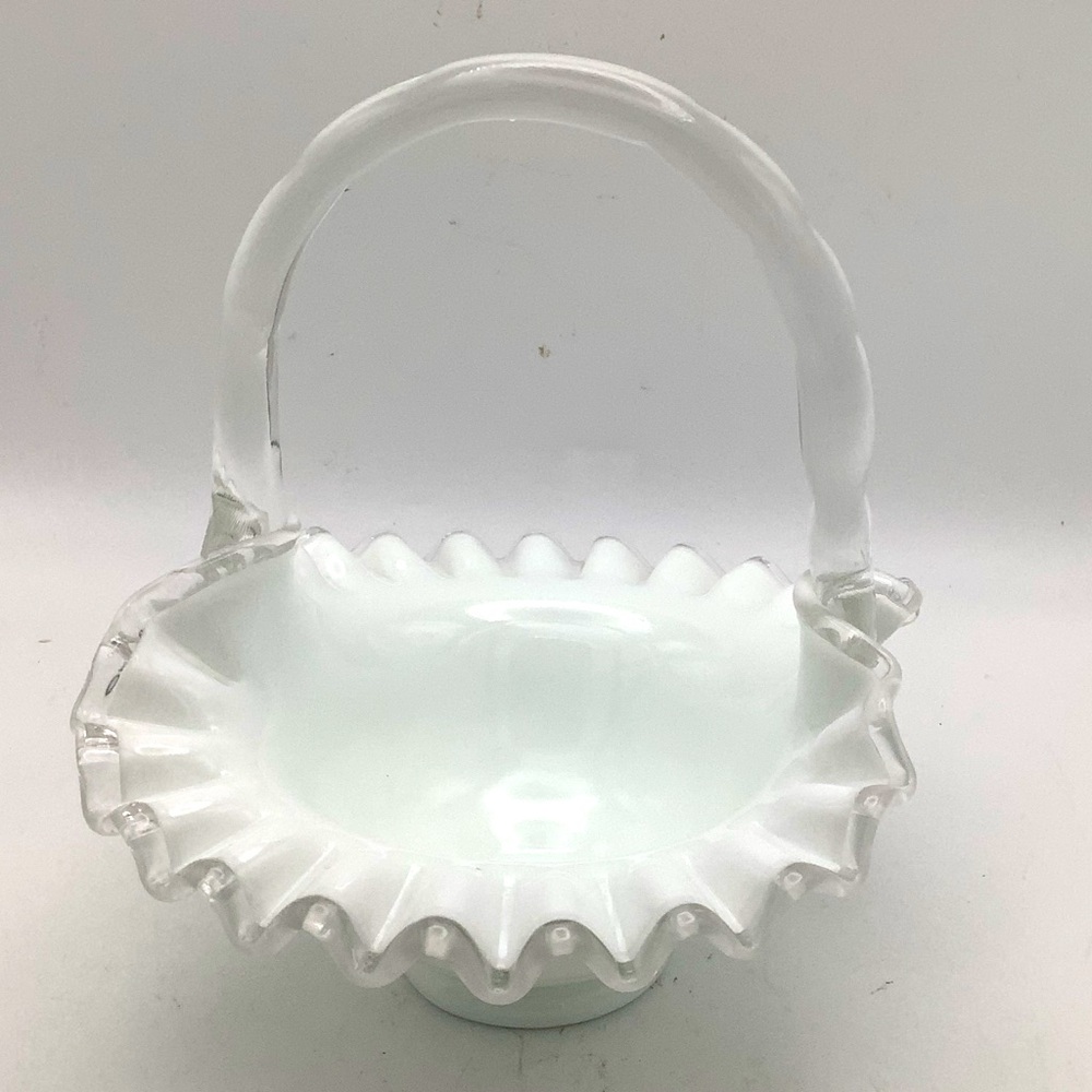 Vintage Fenton White Milk Glass Ruffled Edge Handled Basket